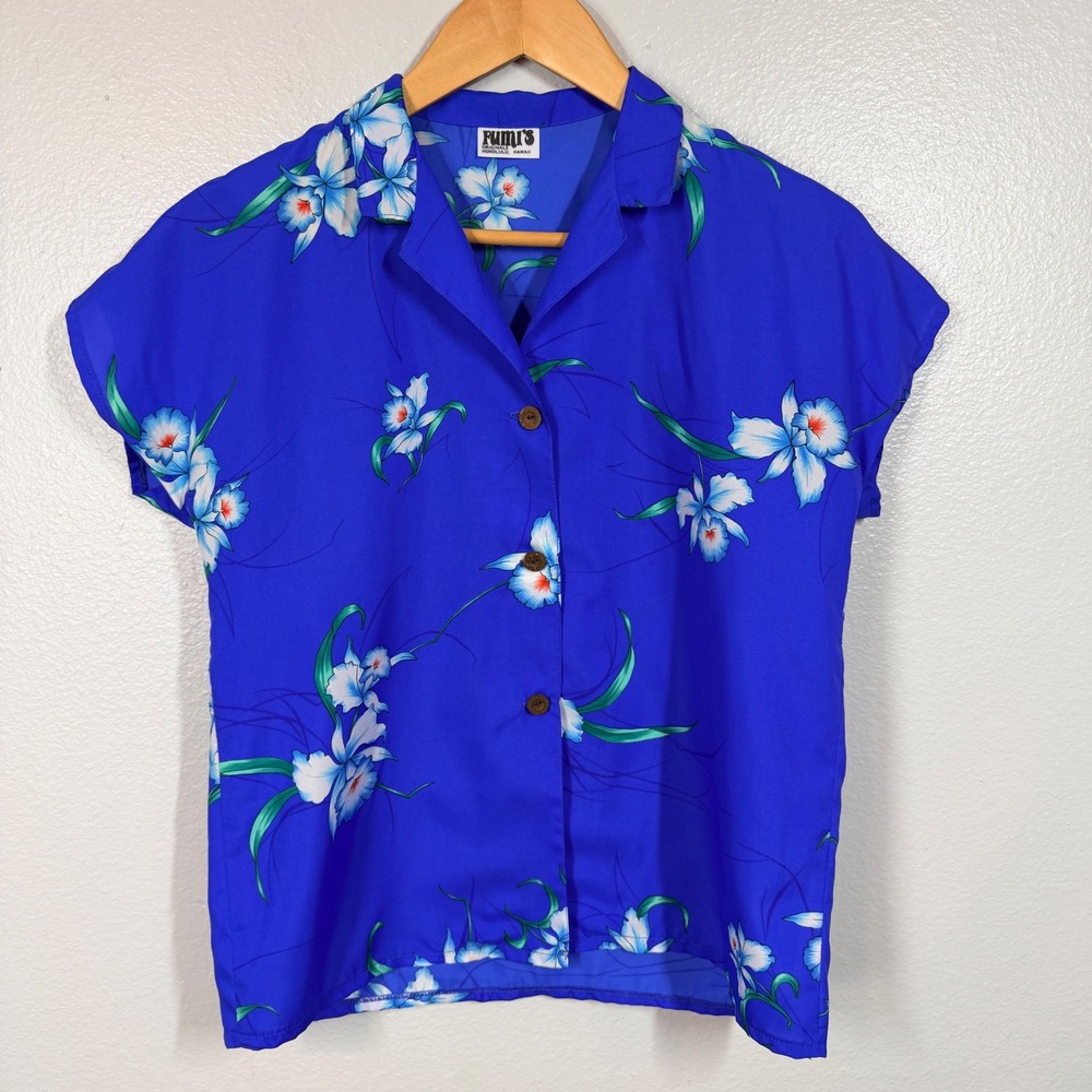 Vintage Fumi's Originals Shirt Women's S Blue Floral Hawaiian Aloha Tropical